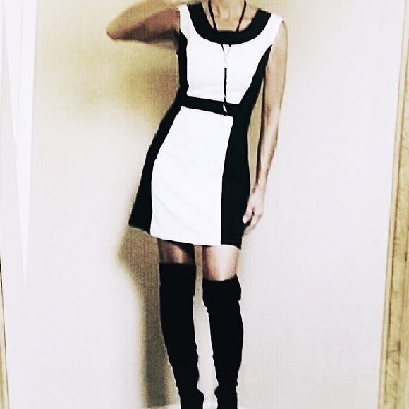 Large B&W Slimming Black Trim Dress Italy - Picture 1 of 4